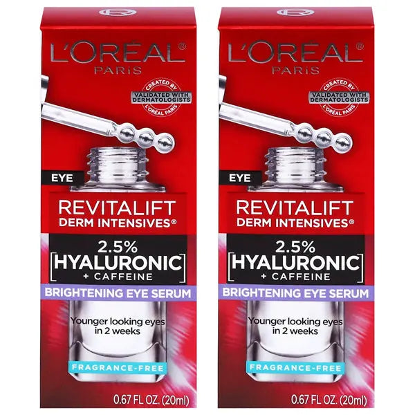 Get two boxes of LOréal Revitalift Derm Intensives Brightening Eye Serum, 0.67oz each, for visibly brighter eyes in 2 weeks.